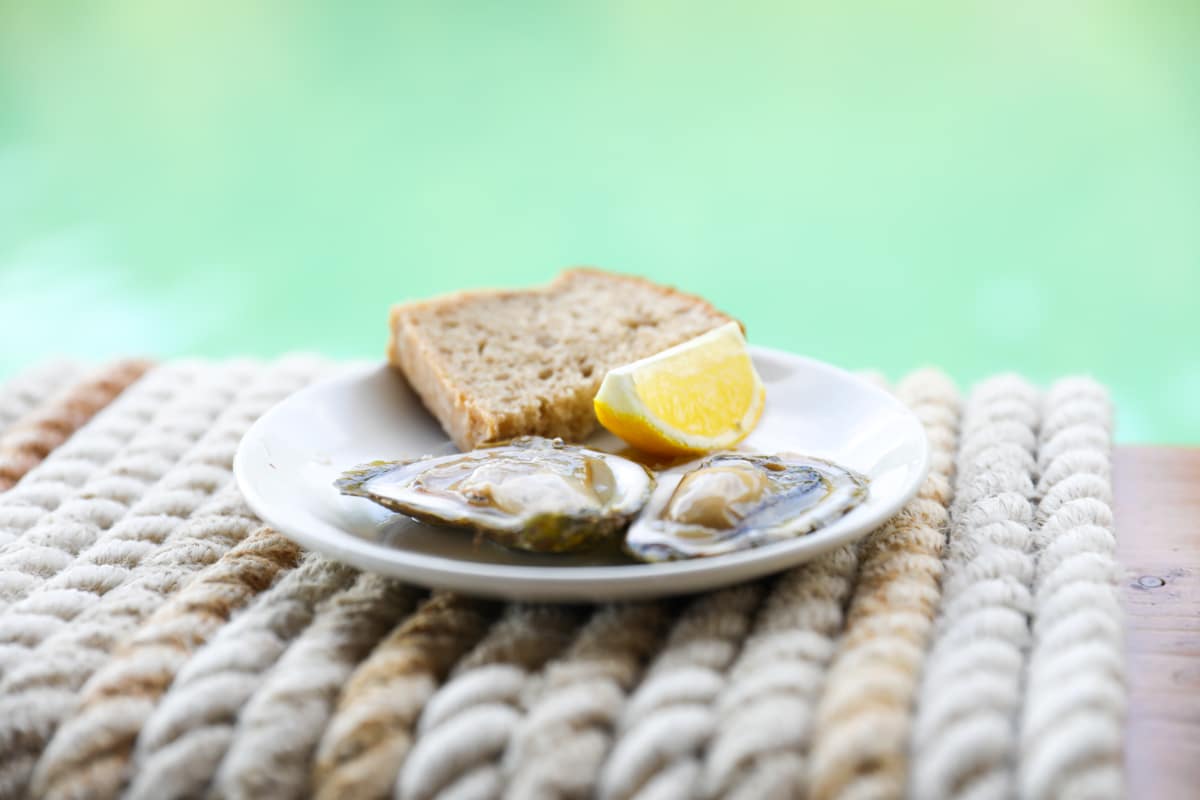 A plate with two oysters, a lemon wedge, and a piece of bread sits on a textured cloth beside the serene waters of Croatia. Perfect for savoring during an Oyster Day trip to Bota Sare Ston.